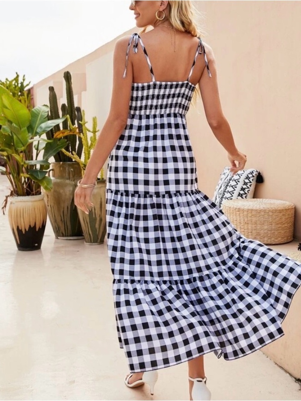 Black and White Gingham Tie-Shoulder Maxi Dress - Picture 4 of 4